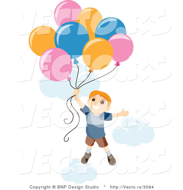 Vector of Happy Boy Floating into Sky with Balloons and Clouds