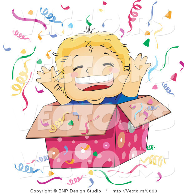 Vector of Happy Boy Jumping out of a Gift Box at a Surprise Party