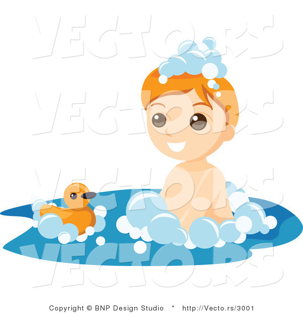 Vector of Happy Boy Playing with Floating Duck Toy in Bubble Bath