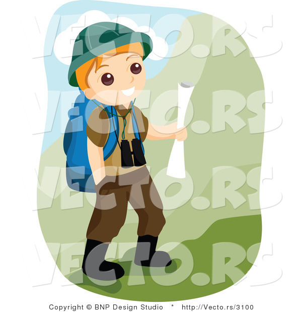 Vector of Happy Boy Scout Hiking in the Mountains