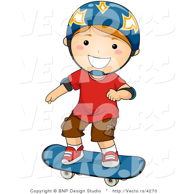 Vector of Happy Boy Wearing Helmet While Skateboarding
