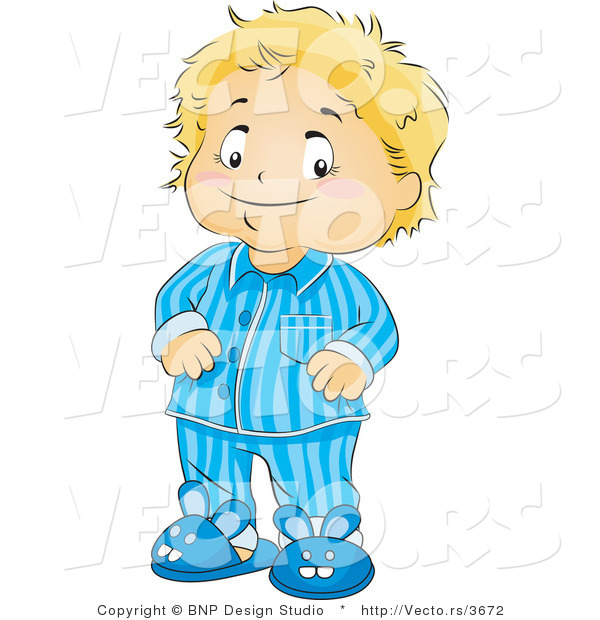 Vector of Happy Boy Wearing Pajamas and Bunny Slippers