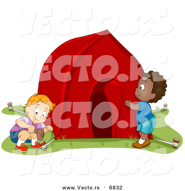 Vector of Happy Boys Pitching a Tent