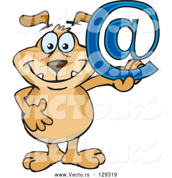 Vector of Happy Brown Dog Holding up a Blue Arobase Email Sign