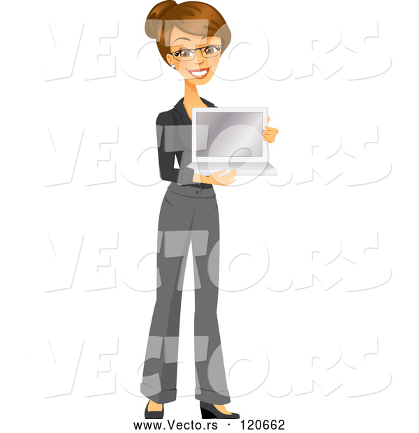 Vector of Happy Brunette Businesswoman Holding a Laptop