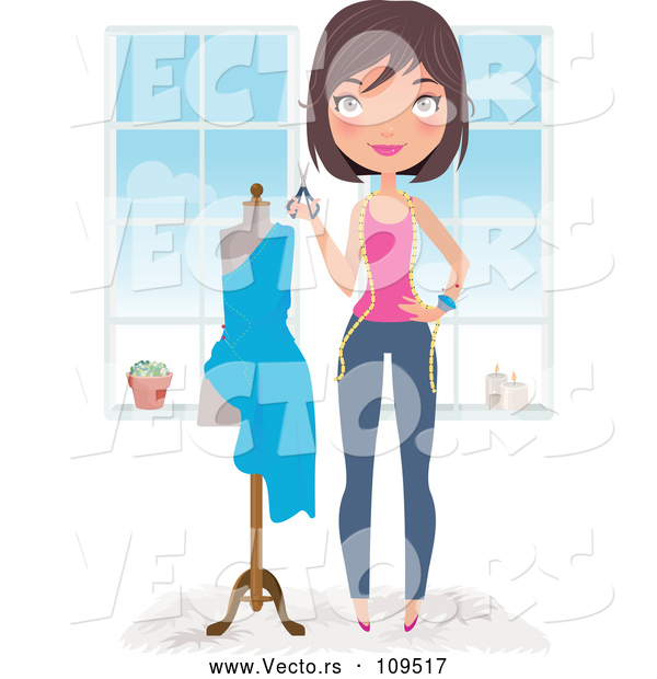 Vector of Happy Brunette Caucasian Female Fashion Designer Holding Scissors by a Dress on a Mannequin