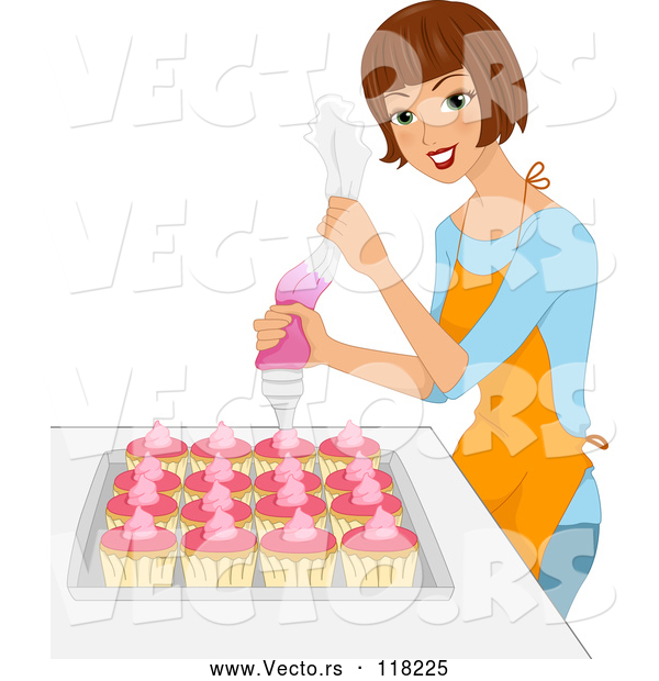 Vector of Happy Brunette Lady Icing Cupcakes