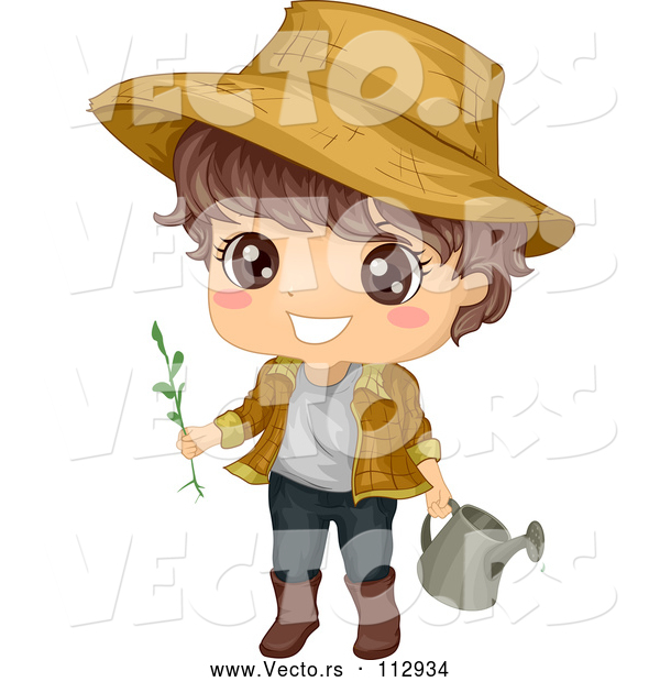 Vector of Happy Brunette White Boy Wearing a Sun Hat and Gardening with a Watering Can