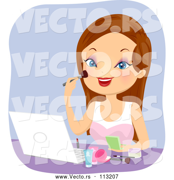 Vector of Happy Brunette White Lady Using a Laptop to Give a Makeup Tutorial Online