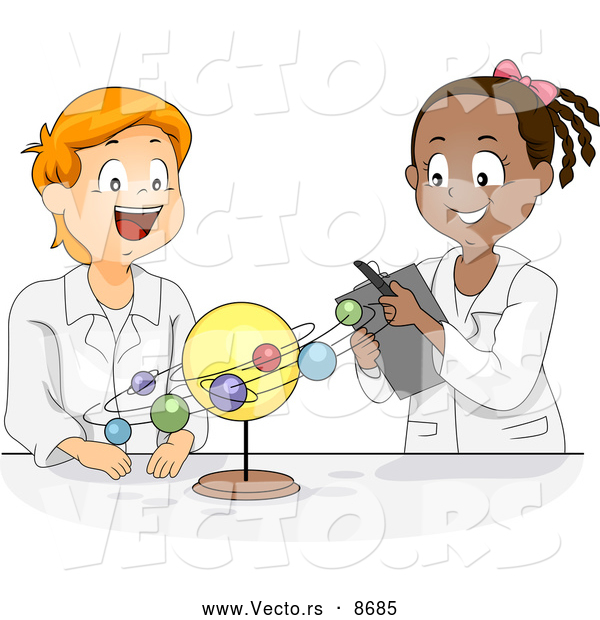 Vector of Happy Cartoon Black and White Students Studying the Solar System in Science Class