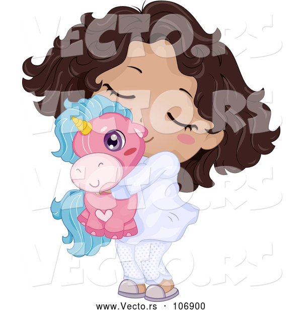 Vector of Happy Cartoon Black Girl in Her Pajamas, Hugging a Unicorn Toy