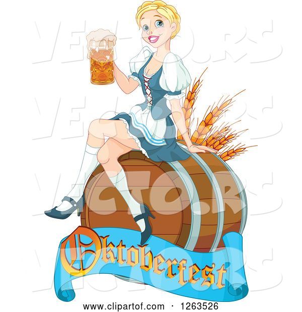 Vector of Happy Cartoon Blond Beer Maiden Lady Sitting on a Keg Barrel with an Oktoberfest Banner