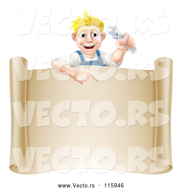 Vector of Happy Cartoon Blond Mechanic Guy Holding a Wrench over a Scroll Sign