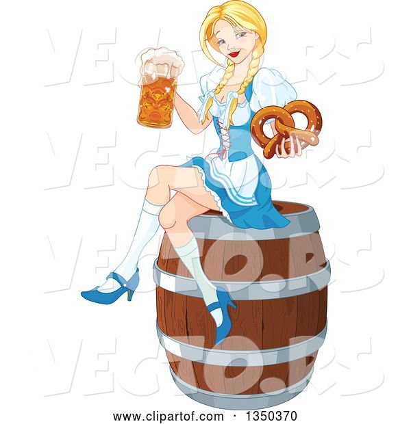 Vector of Happy Cartoon Blond Oktoberfest Beer Maiden Holding a Mug and Soft Pretzel and Sitting on a Keg