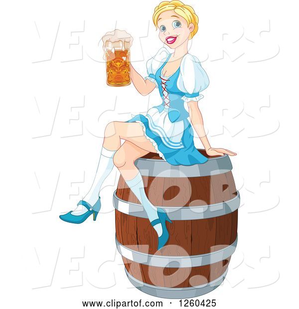 Vector of Happy Cartoon Blond Oktoberfest Beer Maiden Lady Sitting on a Keg Barrel