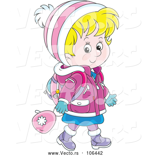 Vector of Happy Cartoon Blond White School Girl Walking in Winter Apparel