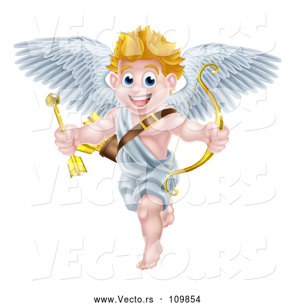 Vector of Happy Cartoon Blond White Valentines Day Cupid Holding a Gold Heart Arrow and Bow