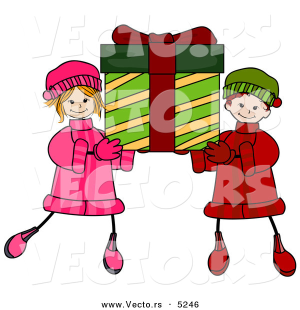 Vector of Happy Cartoon Boy and Girl Carrying a Big Christmas Present