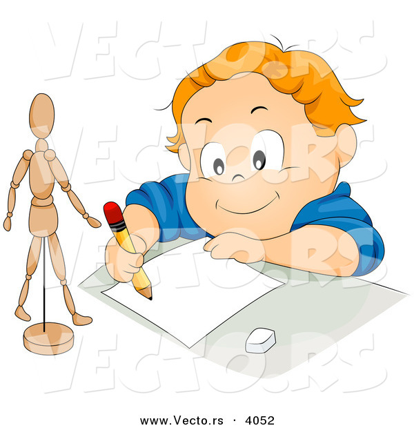 Vector of Happy Cartoon Boy Drawing Stick Figure Model on Paper with Pencil