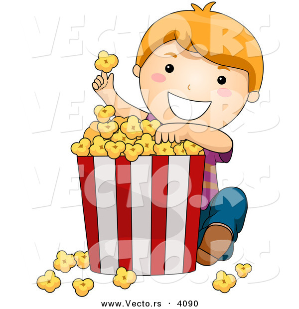 Vector of Happy Cartoon Boy Eating Popcorn from Big Bucket