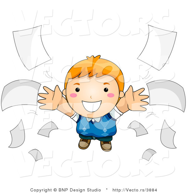 Vector of Happy Cartoon Boy Flying Beside Loose Paperwork