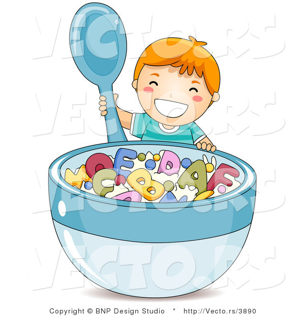 Vector of Happy Cartoon Boy Holding with Big Bowl of Alphabet Cereal