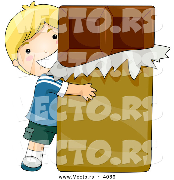 Vector of Happy Cartoon Boy Hugging Giant Chocolate Candy Bar