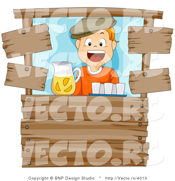 Vector of Happy Cartoon Boy Working at a Wood Lemonade Stand