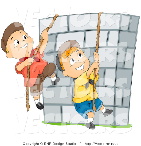 Vector of Happy Cartoon Boys Climbing Ropes over a Brick Wall