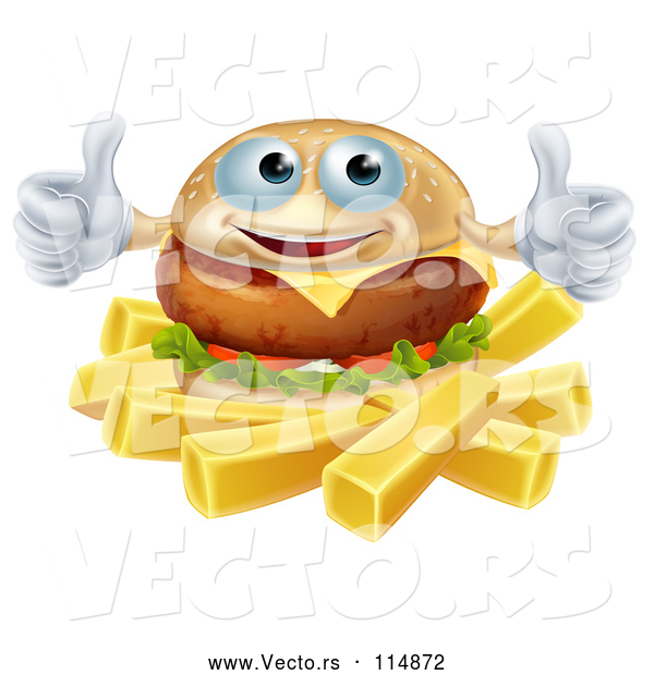 Vector of Happy Cartoon Cheeseburger Holding Two Thumbs up over French Fries