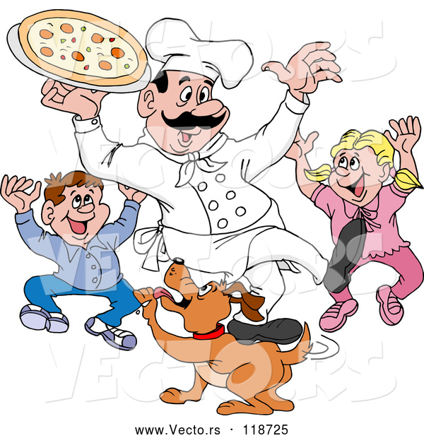 Vector of Happy Cartoon Chef Guy Holding Pizza over Excited Children and a Dog