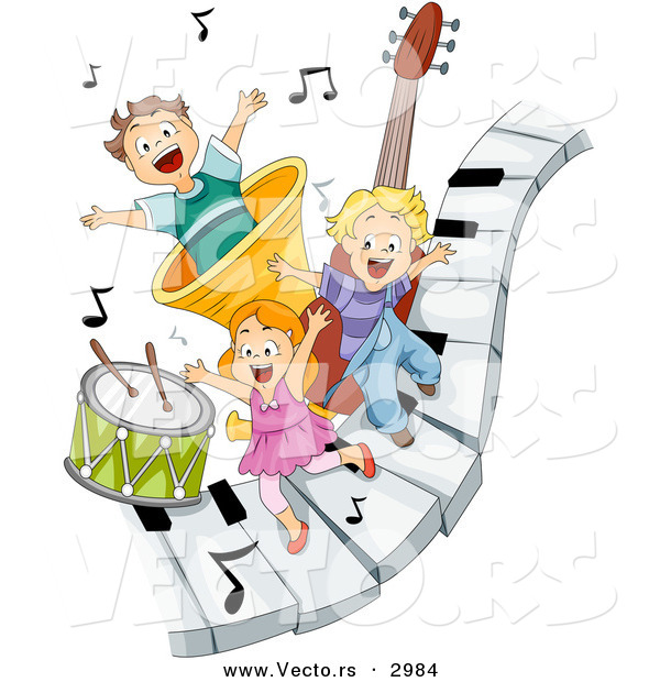 Vector of Happy Cartoon Children Playing on Piano Keys with Music Notes and Instruments