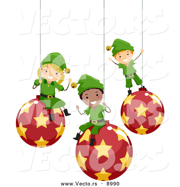 Vector of Happy Cartoon Christmas Elf Kids Sitting on Ornaments