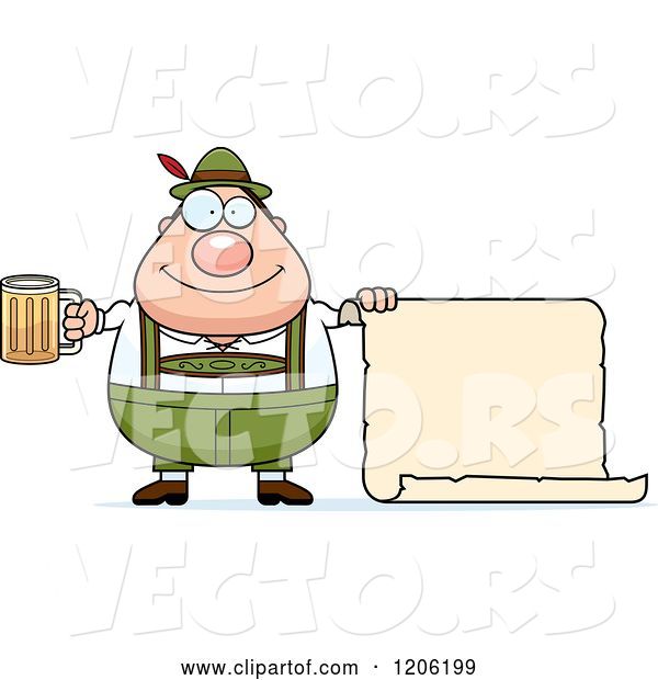 Vector of Happy Cartoon Chubby Oktoberfest German Guy Holding a Beer and Sign