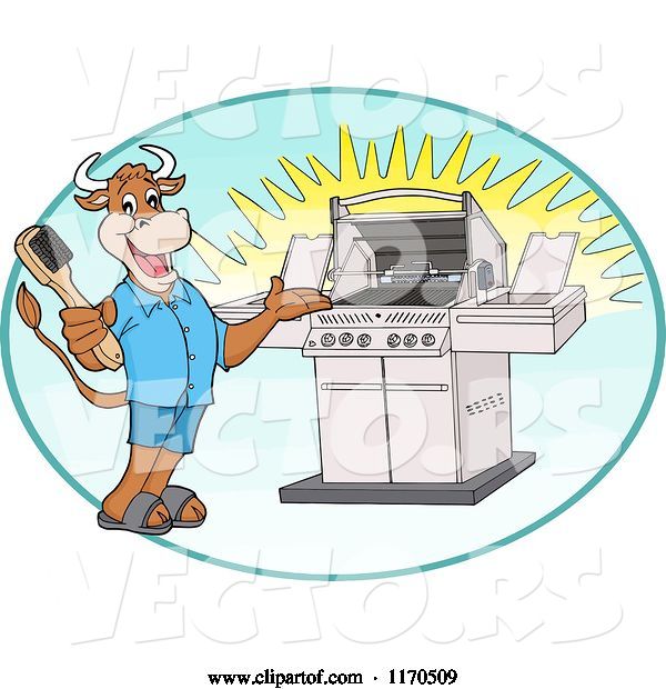 Vector of Happy Cartoon Cow Holding a Steel Brush and Presenting a Bbq Grill in an Oval
