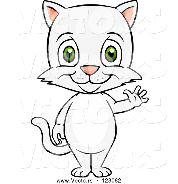 Vector of Happy Cartoon Cute White Cat Standing and Waving