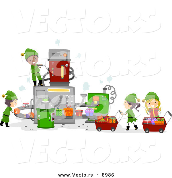 Vector of Happy Cartoon Elf Kids Working in Santa's Toy Factory