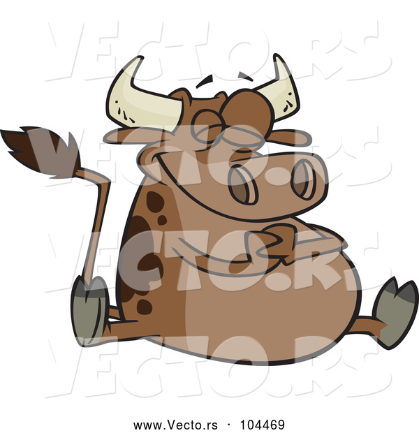 Vector of Happy Cartoon Fat Brown Cow Sitting