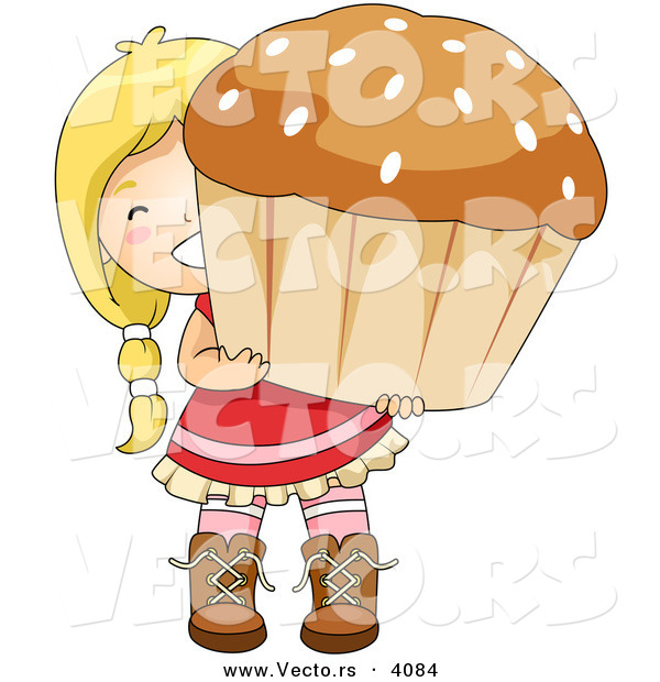 Vector of Happy Cartoon Girl Carrying Big Cupcake