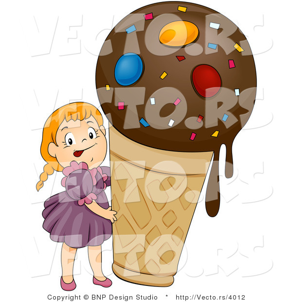 Vector of Happy Cartoon Girl with Large Ice Cream Cone