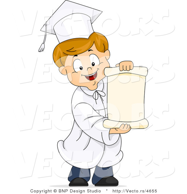 Vector of Happy Cartoon Graduate Boy Holding Opened Blank Scroll
