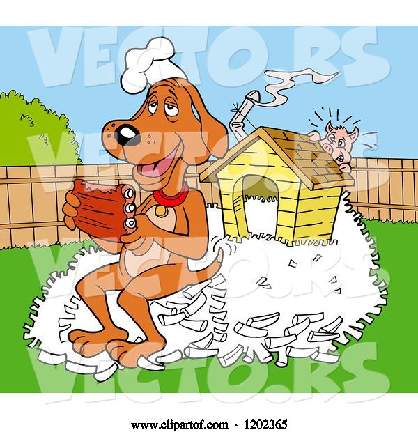 Vector of Happy Cartoon Hound Dog Chef Eating Ribs on a Pile of Bones by His House, a Pig Hiding