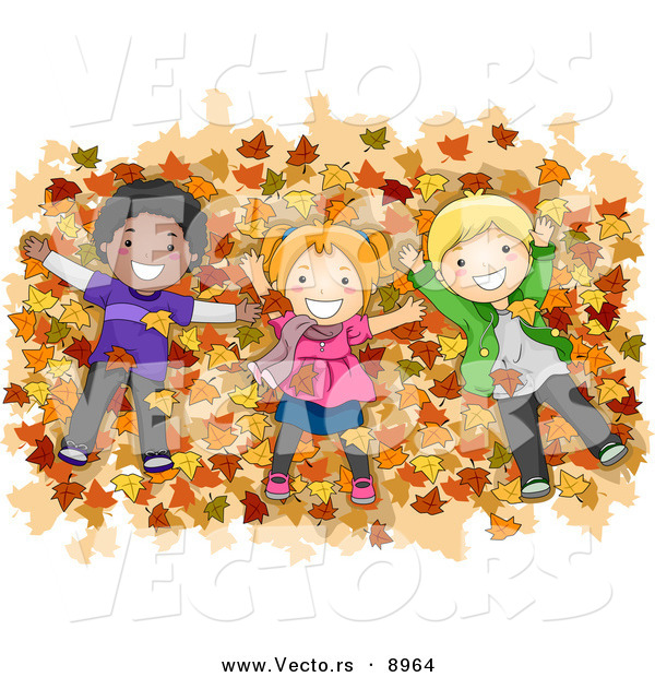 Vector of Happy Cartoon Kids Laying on a Pile of Autumn Leaves