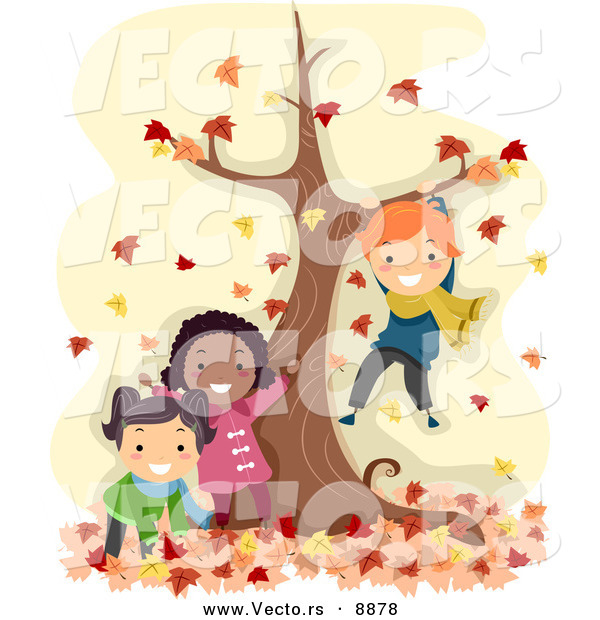 Vector of Happy Cartoon Kids Playing by a Tree with Autumn Leaves