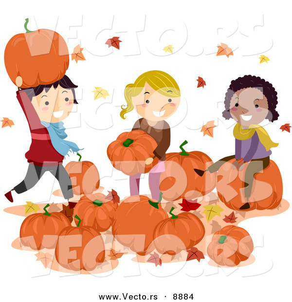 Vector of Happy Cartoon Kids Playing with Pumpkins with Autumn Leafs