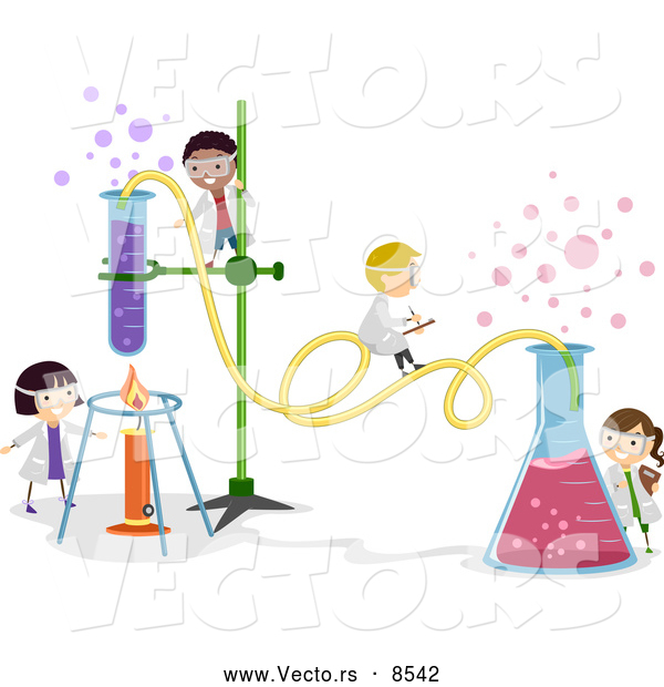 Vector of Happy Cartoon Kids Working on a Chemistry Experiment at School