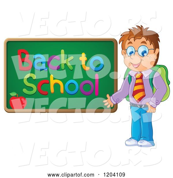 Vector of Happy Cartoon Male Student Presenting a Back to School Chalkboard