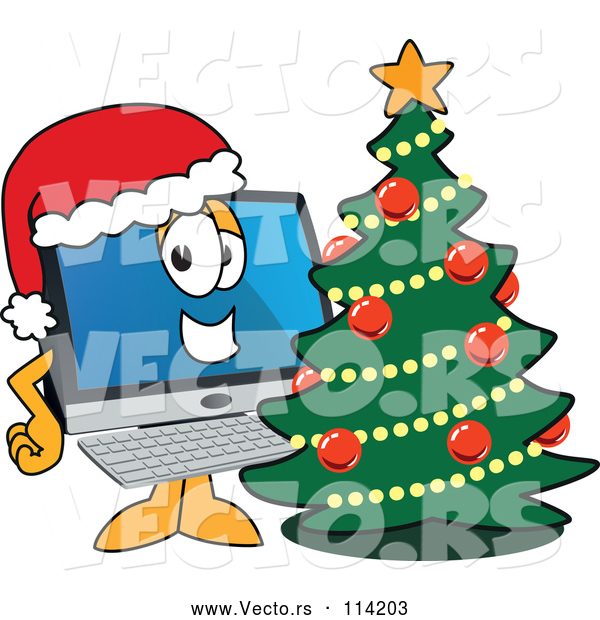 Vector of Happy Cartoon PC Computer Mascot Wearing a Santa Hat by a Christmas Tree