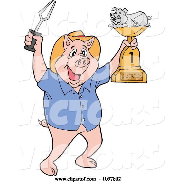 Vector of Happy Cartoon Pig Chef Holding up a Bbq Trophy Award