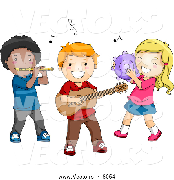 Vector of Happy Cartoon Preschool Children Playing Instruments